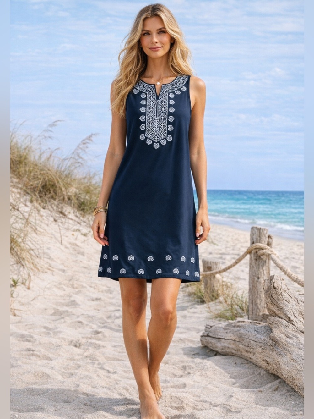 Cabana Life Black Sleeveless Dress with White Embroidered Yoke